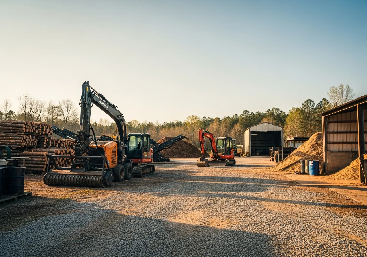 Heavy equipment and forestry mulching machinery ready for land clearing operations.