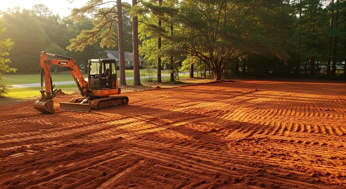 Excavation equipment grading a residential property for construction