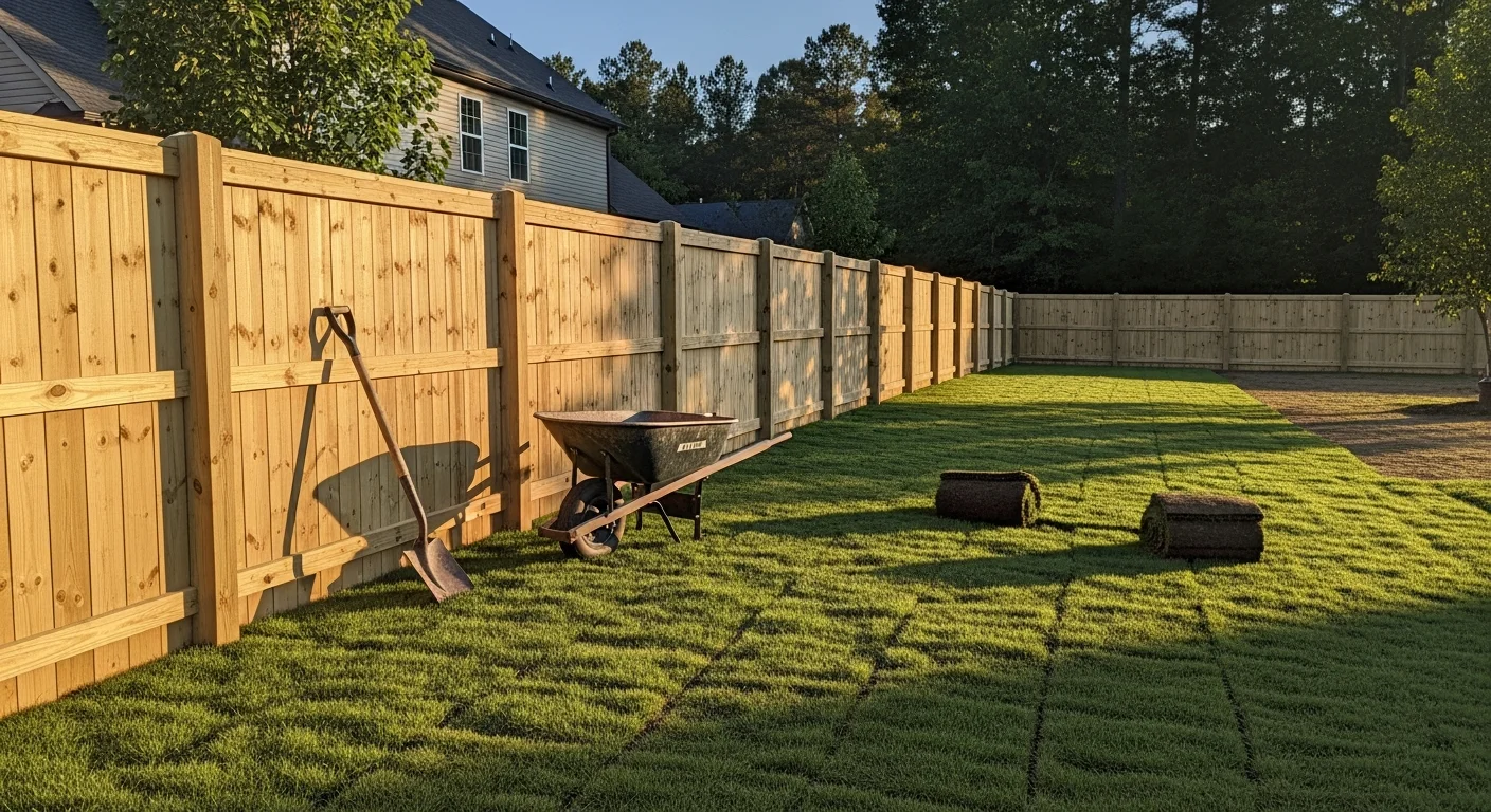 Newly installed residential fence and sod lawn