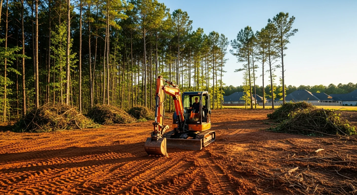Land clearing equipment removing trees and brush from a residential property