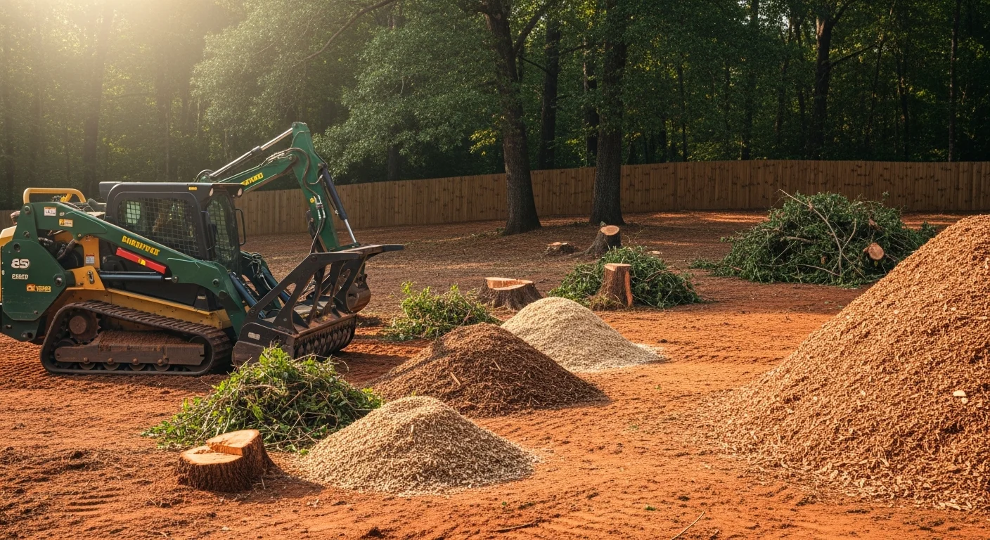Tree removal and stump grinding equipment at a residential property