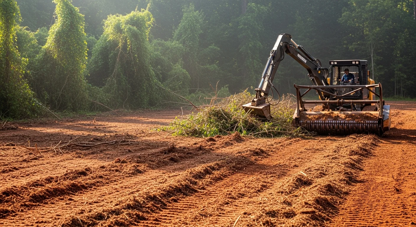 A large wooded acreage parcel in McDonough, Georgia after forestry mulching, showing cleared ground with a layer of wood chip mulch and no standing brush or debris. Open land extends toward a tree line under a Georgia sky.