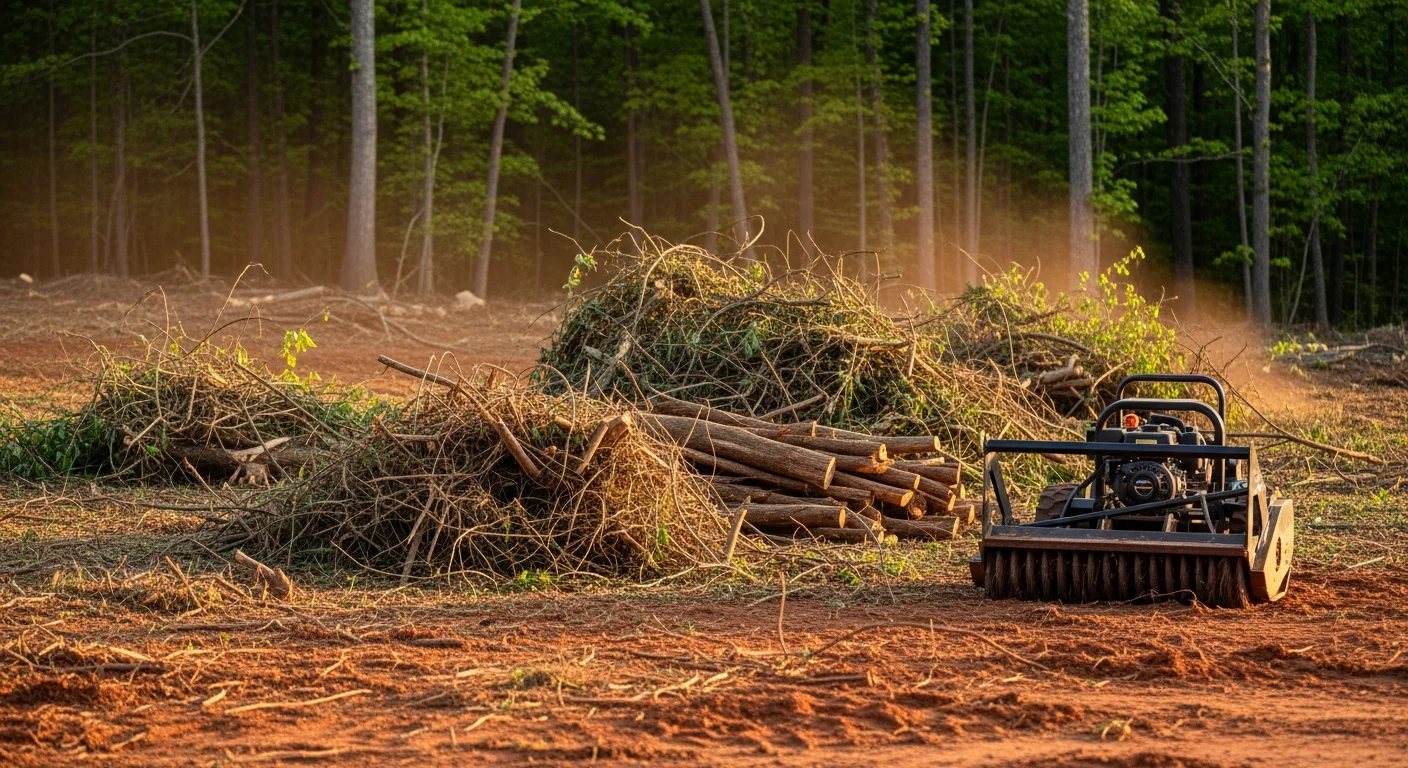 A cleared residential lot in McDonough, Georgia showing bare ground and open space after dense brush, vines, and shrubs have been removed by a land clearing crew. A compact track loader sits at the edge of the cleared area with piles of cut brush visible nearby.