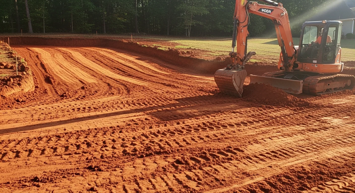 Freshly installed residential driveway in McDonough, Georgia with a compacted gravel base and clean graded edges on a Henry County property. Excavation equipment visible in the background near a single-family home.