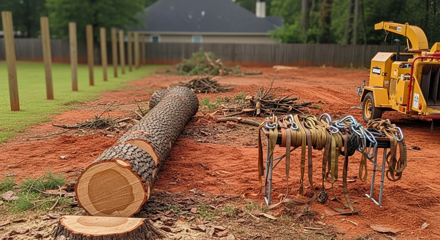 A large pine tree removed from a residential property in McDonough, Georgia after storm damage, with the trunk sectioned and debris cleared from the driveway. A Top Track Mulching crew works near a single-family home with the yard fully cleaned following emergency tree removal.