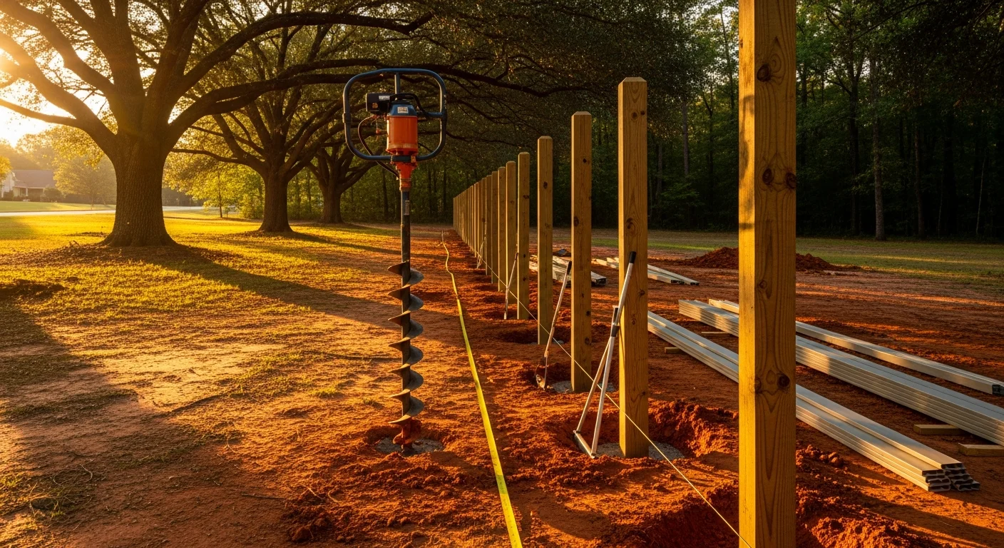 A newly installed wooden privacy fence running along the rear property line of a residential yard in McDonough, Georgia. Green sod borders the base of the fence posts on a clear day.