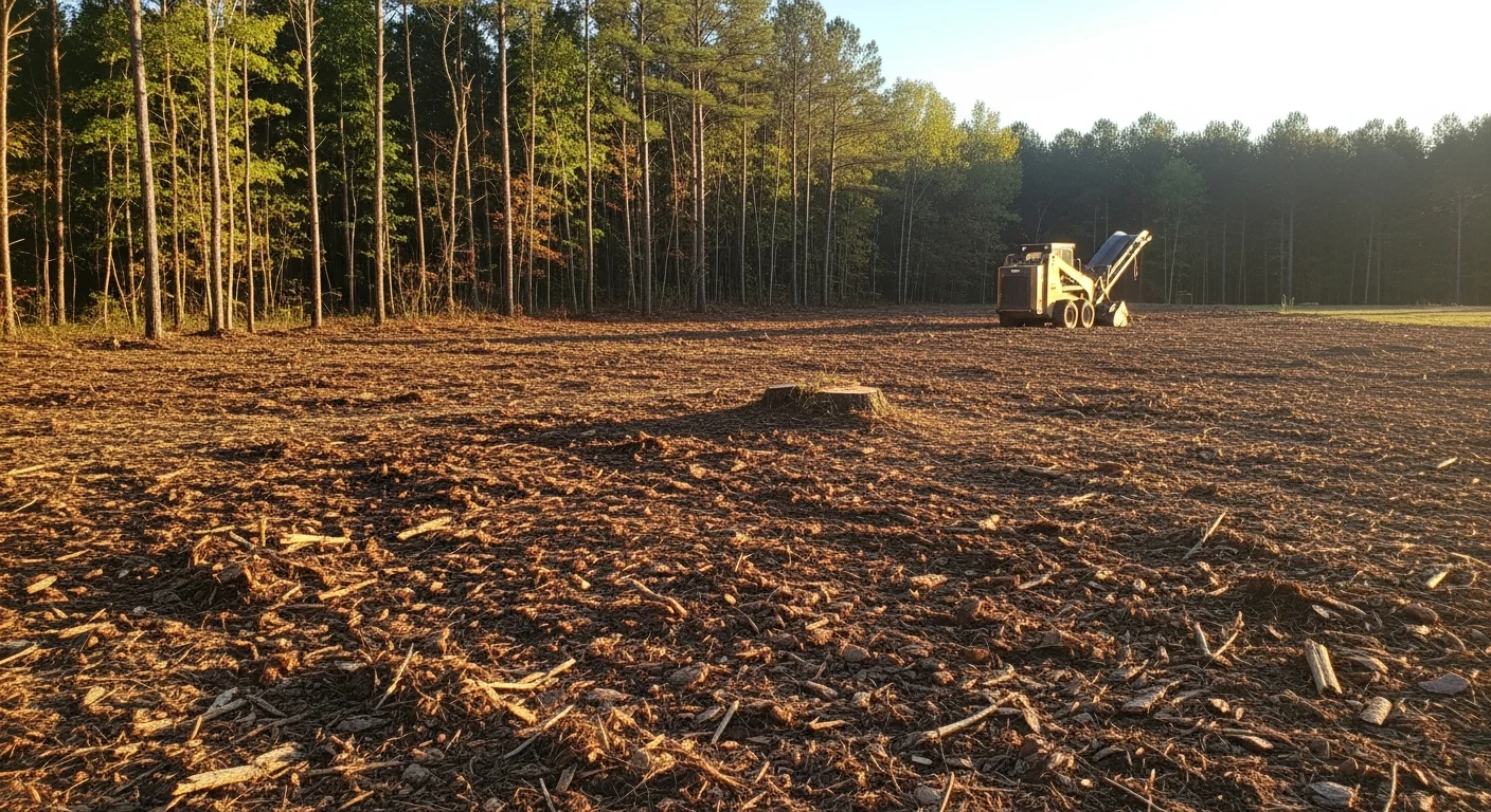 A forestry mulcher clearing dense brush and small trees on a wooded residential lot in McDonough, Georgia. The cleared ground shows a layer of wood mulch with intact topsoil and a clean property line visible at the edge of the site.