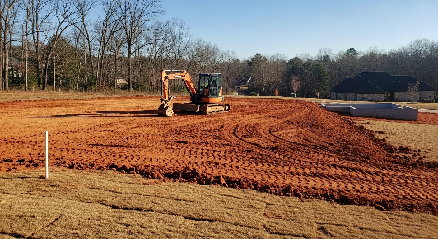 A graded residential lot in McDonough, Georgia showing smooth, level red clay soil sloped away from a home's foundation. An excavator sits at the edge of the cleared site with no standing water visible.