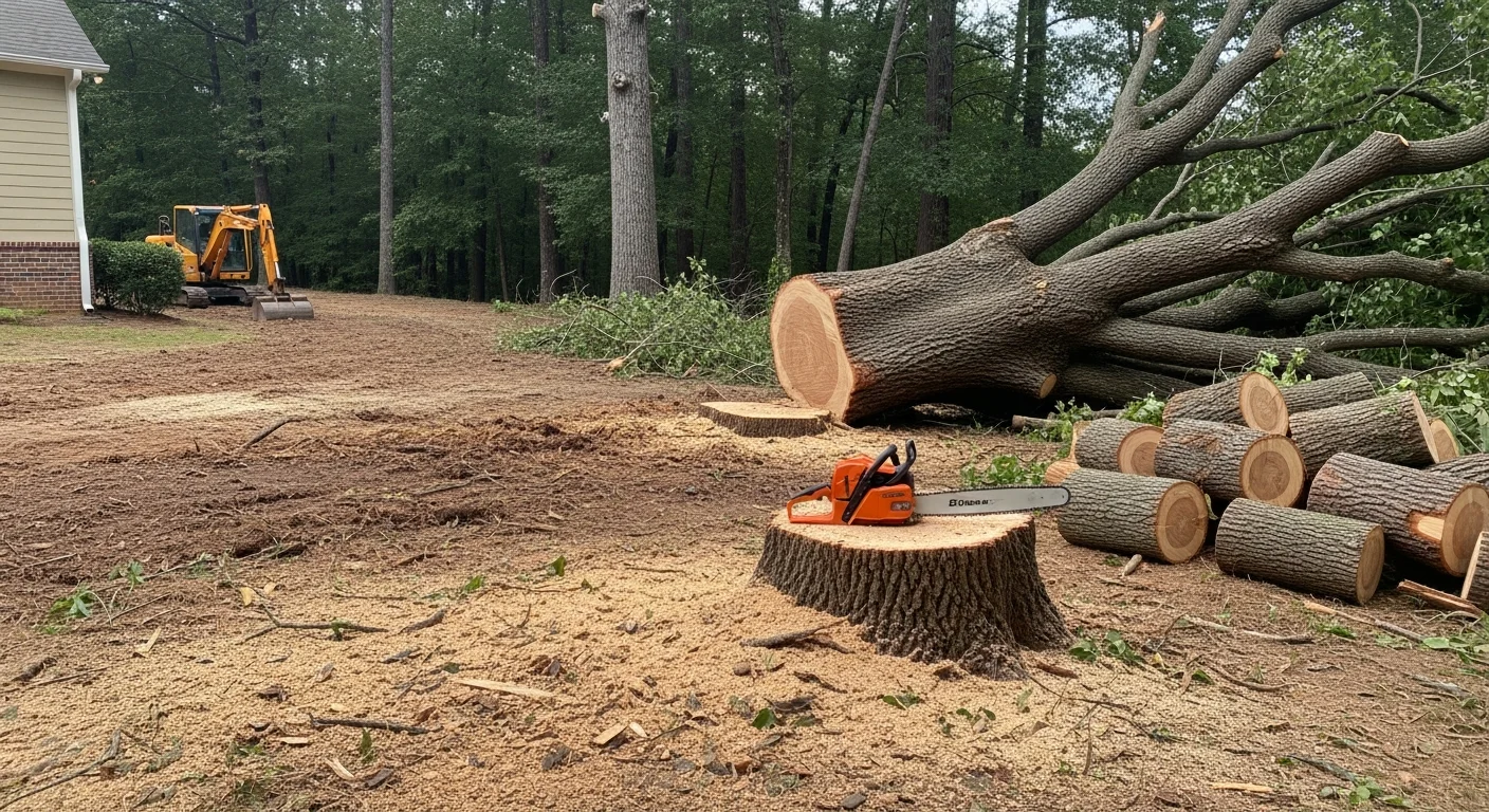 A large hazardous tree with a split trunk being removed in sections by a tree crew in a residential yard in McDonough, Georgia. The surrounding home and fence remain undamaged as workers clear the fallen sections from the property.