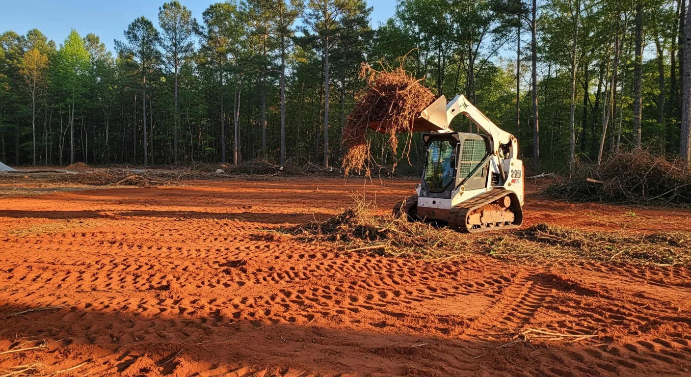 A freshly cleared residential lot in McDonough, Georgia showing removed trees and brush with exposed red clay soil ready for construction. A track mulching machine sits at the edge of the cleared area with surrounding tree line visible in the background.
