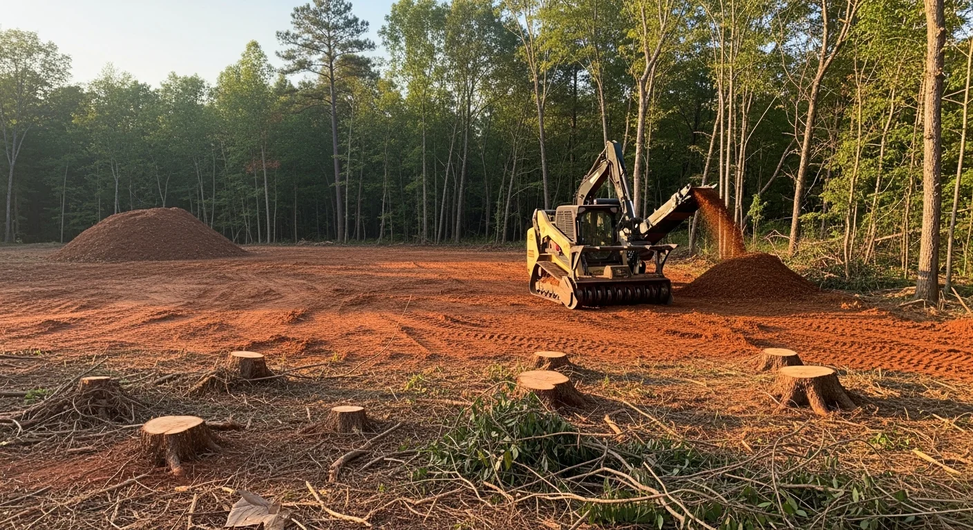 A freshly cleared residential lot in McDonough, GA with all trees, brush, and stumps removed, leaving bare ground ready for construction. Heavy equipment from Top Track Mulching sits at the edge of the cleared site with surrounding Georgia tree line visible in the background.