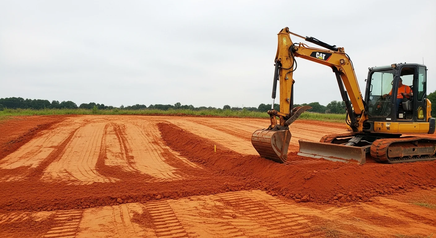 A freshly graded residential yard in McDonough, Georgia showing smooth, sloped earth contoured away from the home's foundation. Red clay soil is visible across the leveled lot, prepared for sod installation.
