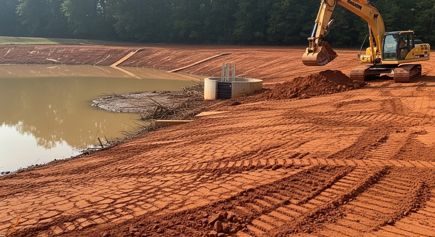 A graded retention pond bank in McDonough, Georgia with cleared vegetation and a clean inlet structure visible at the water's edge. Excavation equipment is positioned on the slope during active sediment removal work.
