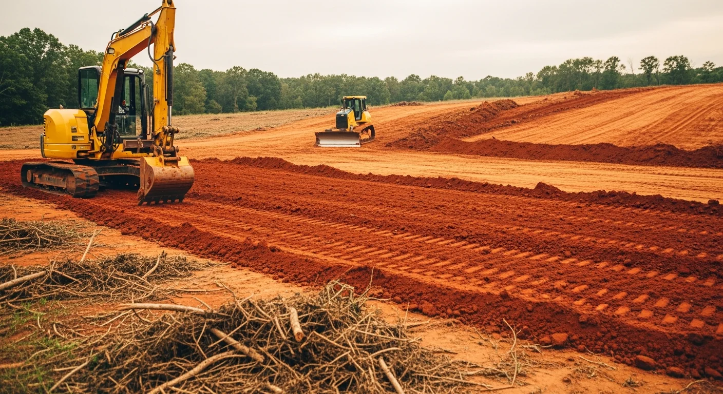 A freshly cleared and graded building site in McDonough, Georgia with level red clay soil and no remaining vegetation or debris. Heavy equipment tracks are visible across the prepared ground, ready for construction.