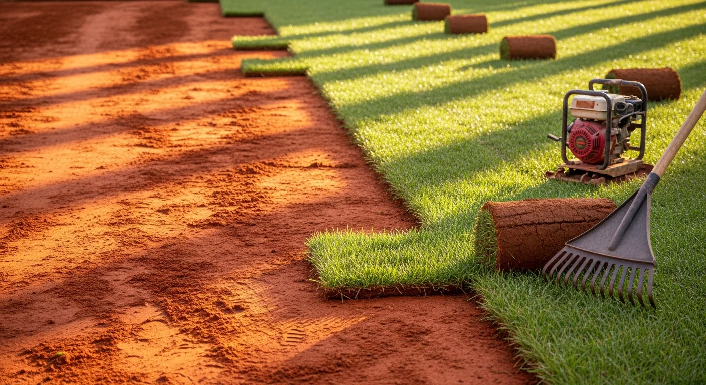 Freshly installed green sod covering a residential front yard in McDonough, Georgia, with clean straight edges along a concrete driveway. A Top Track Mulching crew member smooths a sod seam on a Henry County property with red clay soil visible at the border.