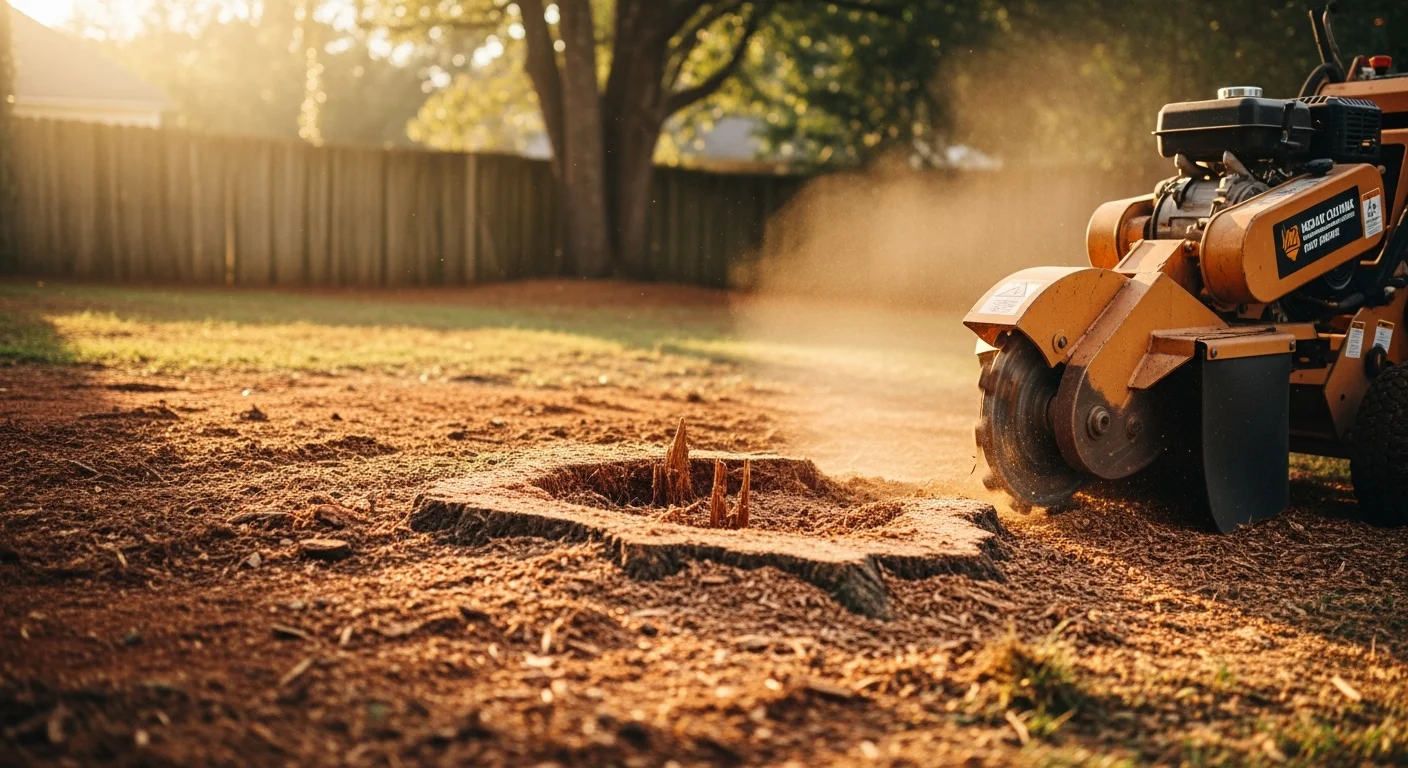 A freshly ground tree stump in a McDonough residential yard, with wood chips filling the cavity and surrounding lawn visible. The cleared area shows level ground ready for grass or landscaping.