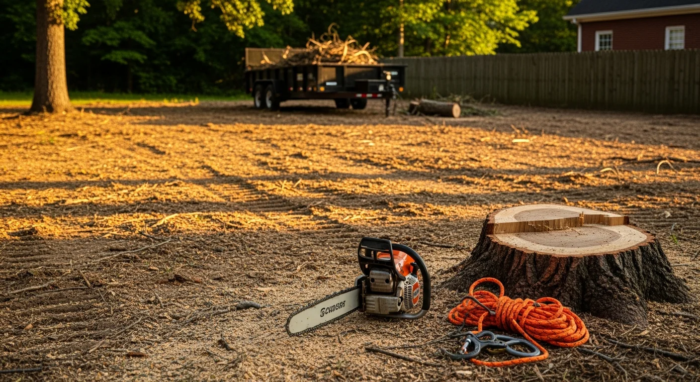 A large loblolly pine tree being removed from a residential yard in McDonough, Georgia, with cut sections on the ground and a cleared lot visible in the background. A Top Track Mulching crew works around a nearby wooden fence during the removal process.