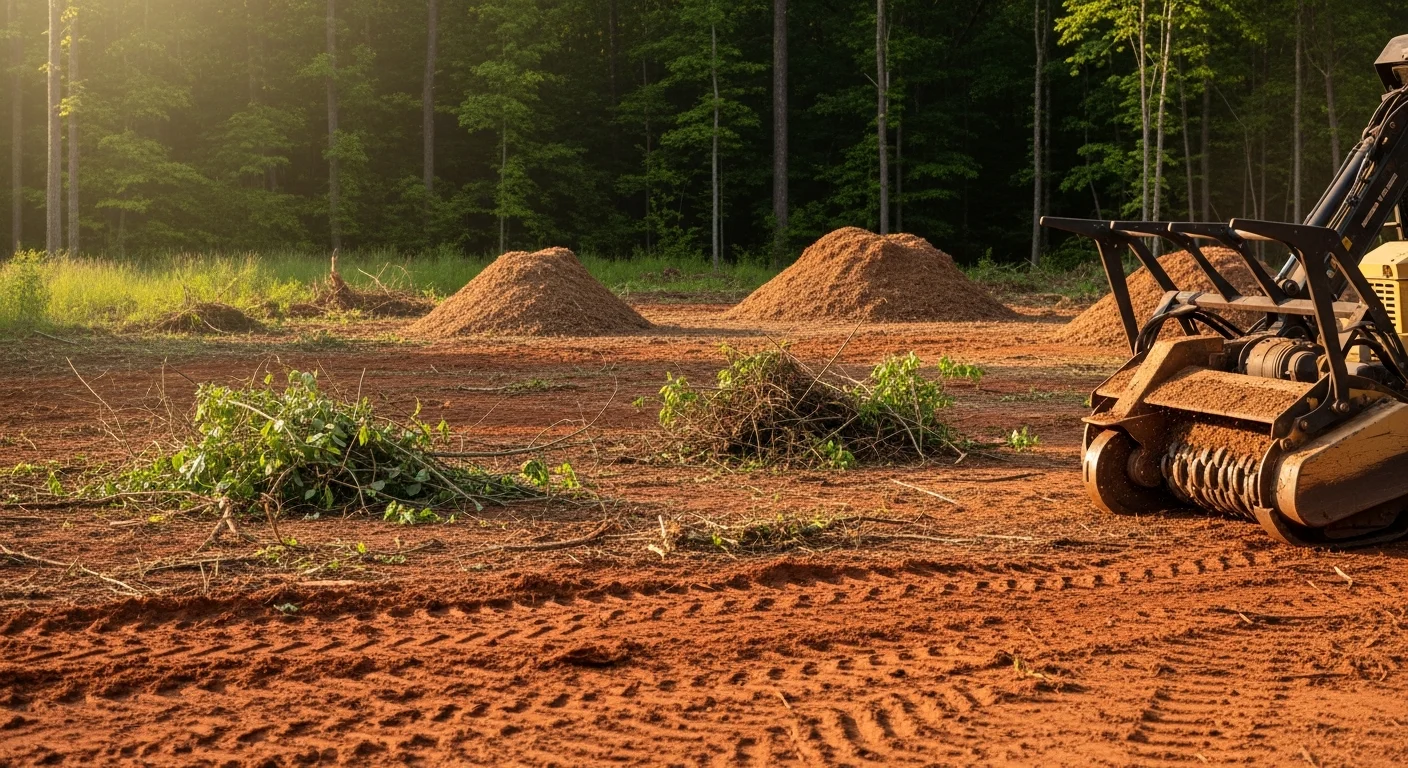 A McDonough, Georgia property lot after professional vegetation removal, showing cleared ground with no remaining brush, vines, or invasive undergrowth. Surrounding tree lines and open sky are visible across the Henry County landscape.